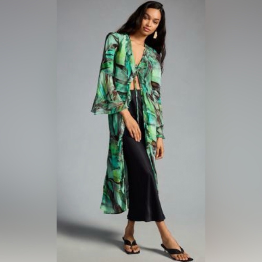 Anthropologie BL-NK Palm Print Lurex Kimono Duster | Size S/M